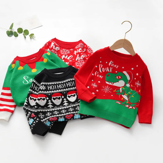 Cute style Christmas dinosaur sweater knitted pullover suitable for boys and children, suitable for festivals, daily life, sprin