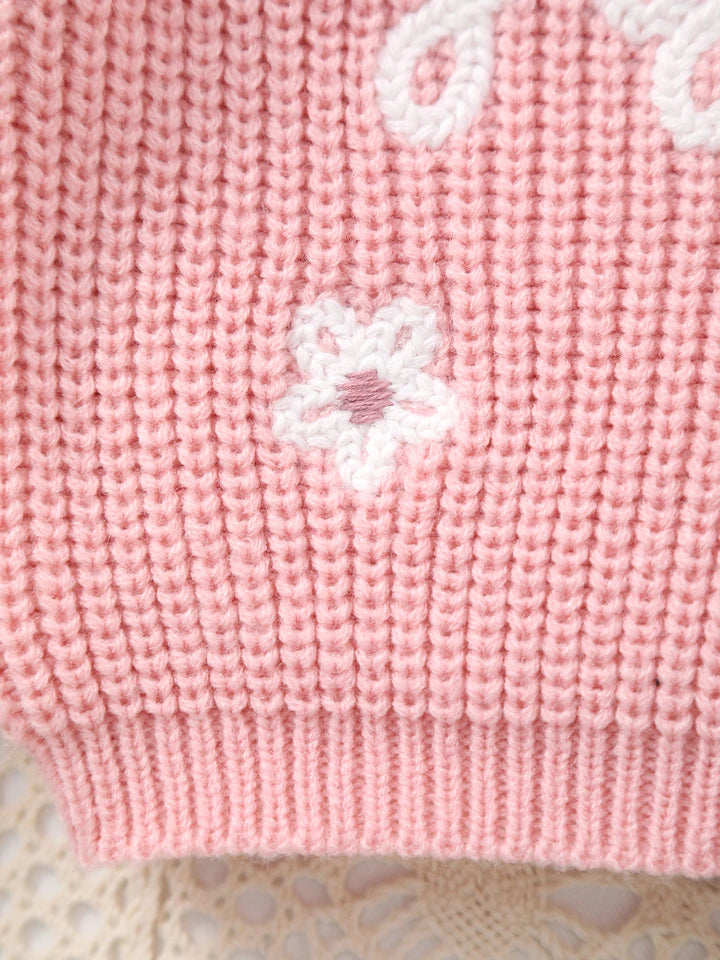 Baby Girl Knitted Round Neck Sweater with Letter Big Sister and Flower Embroidery, Fresh and Versatile, Ins Hot-Selling Top