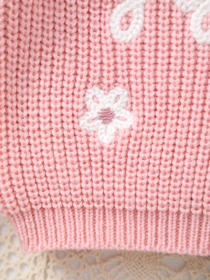 Baby Girl Knitted Round Neck Sweater with Letter Big Sister and Flower Embroidery, Fresh and Versatile, Ins Hot-Selling Top
