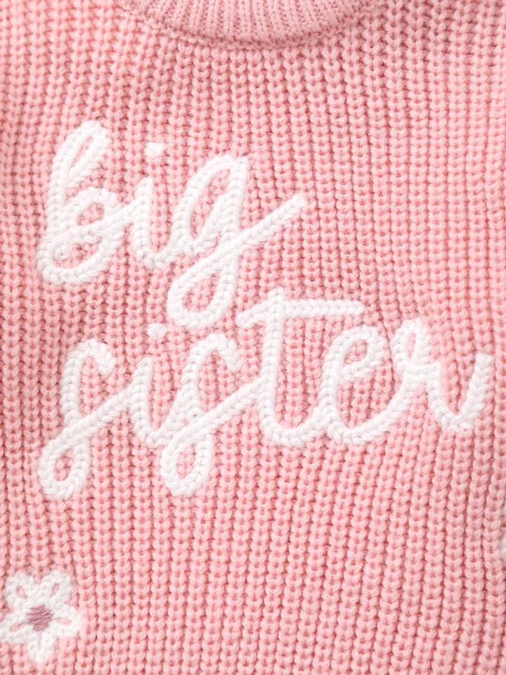 Baby Girl Knitted Round Neck Sweater with Letter Big Sister and Flower Embroidery, Fresh and Versatile, Ins Hot-Selling Top