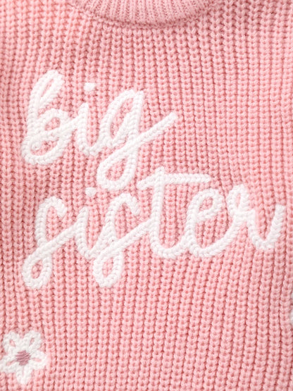 Baby Girl Knitted Round Neck Sweater with Letter Big Sister and Flower Embroidery, Fresh and Versatile, Ins Hot-Selling Top