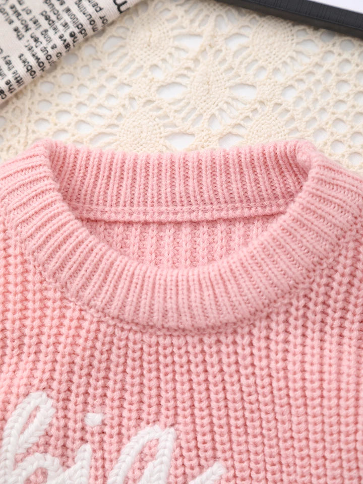 Baby Girl Knitted Round Neck Sweater with Letter Big Sister and Flower Embroidery, Fresh and Versatile, Ins Hot-Selling Top