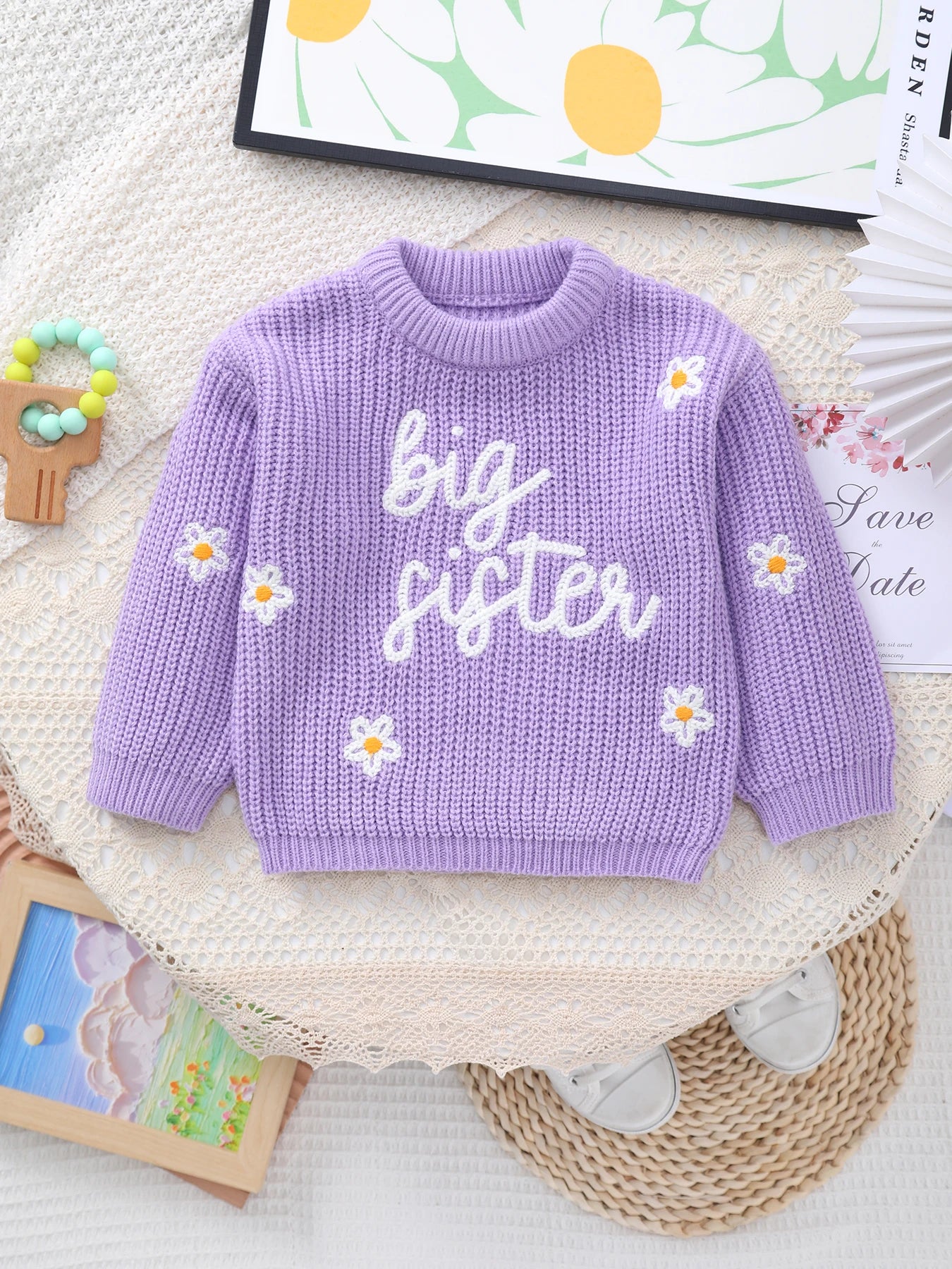 Baby Girl Knitted Round Neck Sweater with Letter Big Sister and Flower Embroidery, Fresh and Versatile, Ins Hot-Selling Top