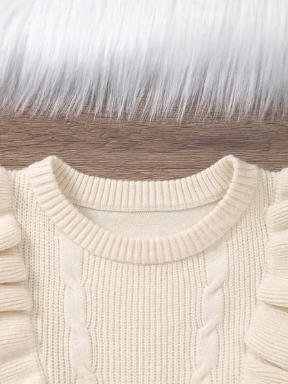 Girls' Exquisite Ruffle Design Round Neck Drop Shoulder Long Sleeve Knitted Sweater Pullover