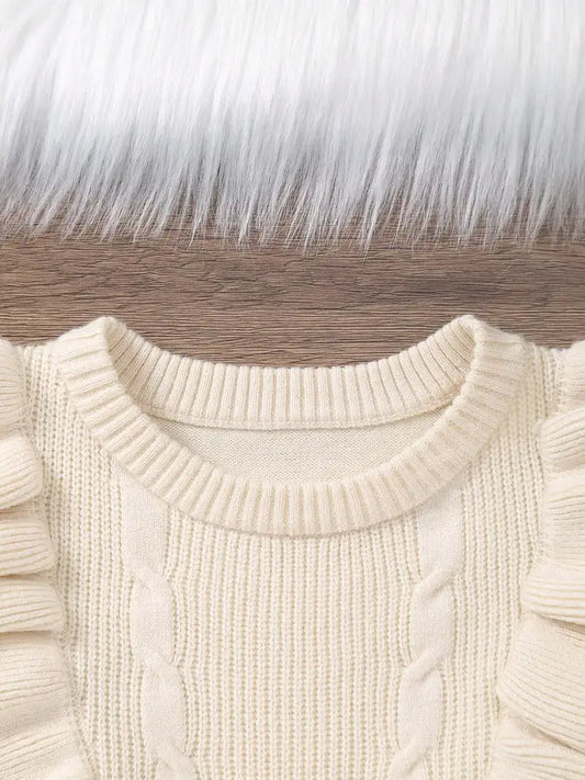Girls' Exquisite Ruffle Design Round Neck Drop Shoulder Long Sleeve Knitted Sweater Pullover