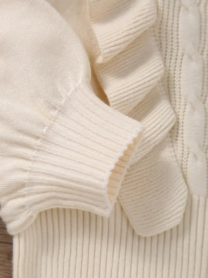 Girls' Exquisite Ruffle Design Round Neck Drop Shoulder Long Sleeve Knitted Sweater Pullover