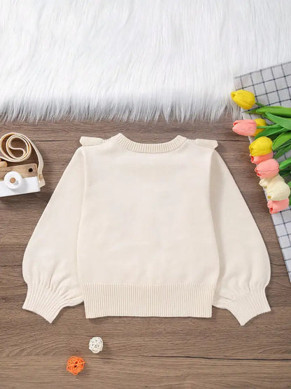 Girls' Exquisite Ruffle Design Round Neck Drop Shoulder Long Sleeve Knitted Sweater Pullover