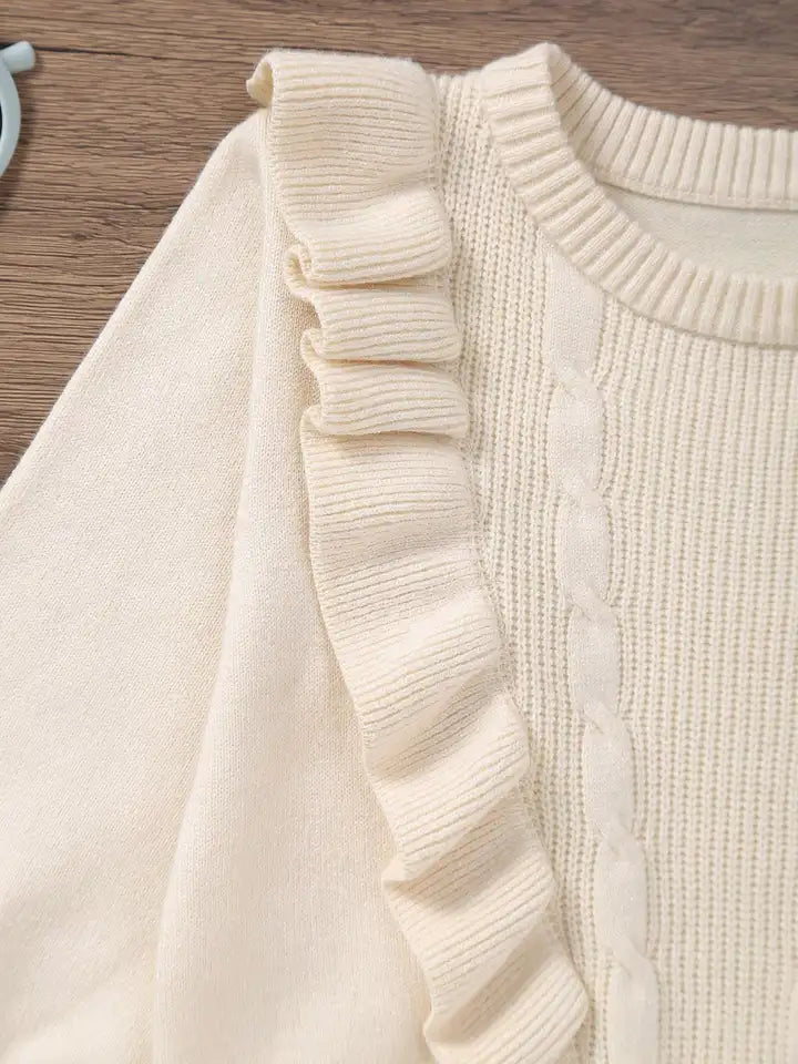Girls' Exquisite Ruffle Design Round Neck Drop Shoulder Long Sleeve Knitted Sweater Pullover