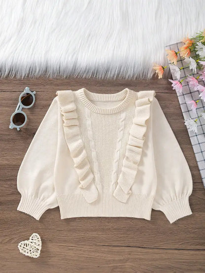 Girls' Exquisite Ruffle Design Round Neck Drop Shoulder Long Sleeve Knitted Sweater Pullover