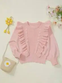 Girls' Exquisite Ruffle Design Round Neck Drop Shoulder Long Sleeve Knitted Sweater Pullover
