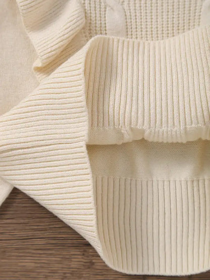 Girls' Exquisite Ruffle Design Round Neck Drop Shoulder Long Sleeve Knitted Sweater Pullover