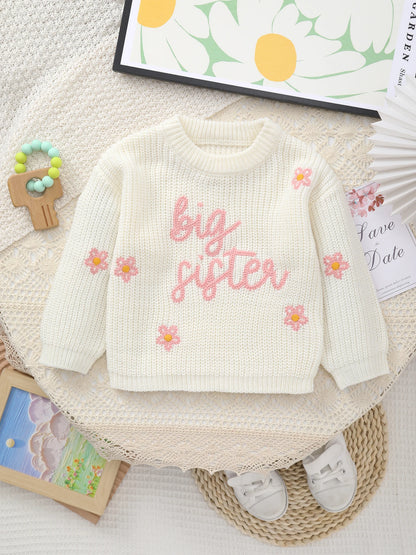 Baby Girl Knitted Round Neck Sweater with Letter Big Sister and Flower Embroidery, Fresh and Versatile, Ins Hot-Selling Top