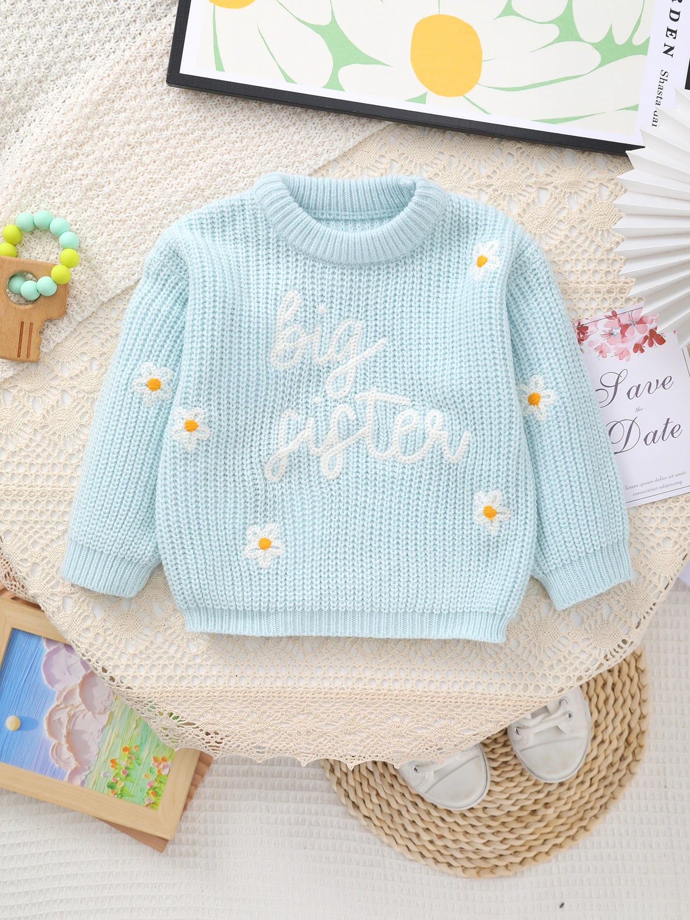 Baby Girl Knitted Round Neck Sweater with Letter Big Sister and Flower Embroidery, Fresh and Versatile, Ins Hot-Selling Top