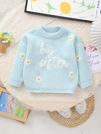 Baby Girl Knitted Round Neck Sweater with Letter Big Sister and Flower Embroidery, Fresh and Versatile, Ins Hot-Selling Top